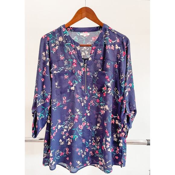 NWOT Women's Large Maurices Rolled Cuff Henley Zip Blouse - Picture 1 of 4